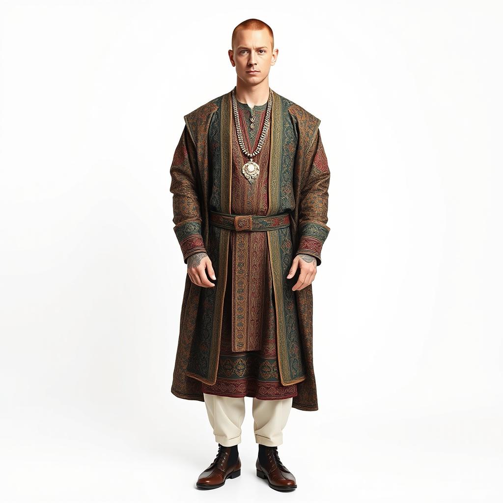 A full body shot of Eminem, the famous rapper, wearing traditional Safavid Empire clothing