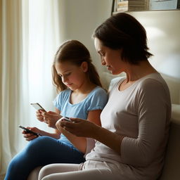 A tender scene of a mother and her daughter engrossed in their mobile devices, communicating via text messages, seated in a cozy domestic setting.