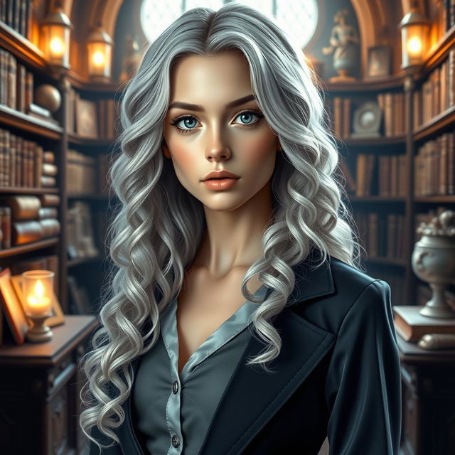 A captivating portrait of a young woman, the daughter of Hermione Granger and Draco Malfoy