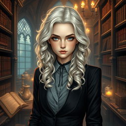 A captivating portrait of a young woman, the daughter of Hermione Granger and Draco Malfoy