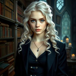 A captivating portrait of a young woman, the daughter of Hermione Granger and Draco Malfoy