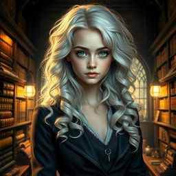 A captivating portrait of a young woman, the daughter of Hermione Granger and Draco Malfoy