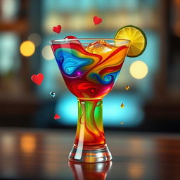 An imaginative and colorful 'emotion cocktail' that visually represents a blend of feelings through transparent layers in a cocktail glass