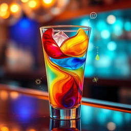 An imaginative and colorful 'emotion cocktail' that visually represents a blend of feelings through transparent layers in a cocktail glass