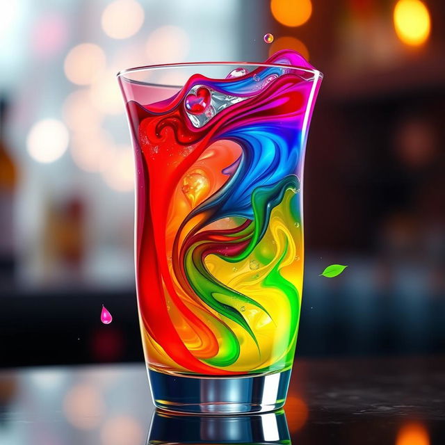 An imaginative and colorful 'emotion cocktail' that visually represents a blend of feelings through transparent layers in a cocktail glass