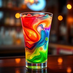 An imaginative and colorful 'emotion cocktail' that visually represents a blend of feelings through transparent layers in a cocktail glass