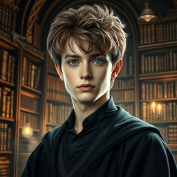 A captivating portrait of a young man, the son of Hermione Granger and Draco Malfoy