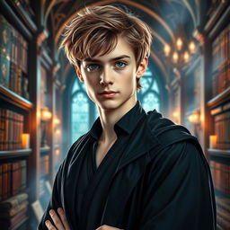 A captivating portrait of a young man, the son of Hermione Granger and Draco Malfoy