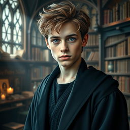 A captivating portrait of a young man, the son of Hermione Granger and Draco Malfoy
