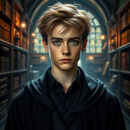 A captivating portrait of a young man, the son of Hermione Granger and Draco Malfoy