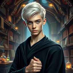 A striking portrait of a young man, the son of Hermione Granger and Draco Malfoy