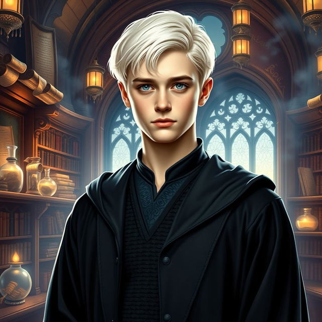 A striking portrait of a young man, the son of Hermione Granger and Draco Malfoy