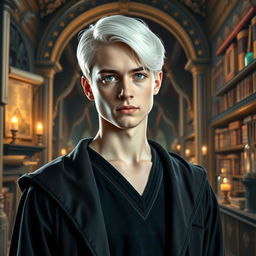 A striking portrait of a young man, the son of Hermione Granger and Draco Malfoy