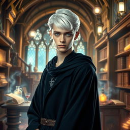 A striking portrait of a young man, the son of Hermione Granger and Draco Malfoy