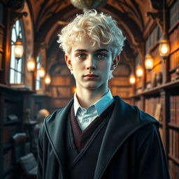 A vibrant portrait of a young man, the son of Hermione Granger and Draco Malfoy