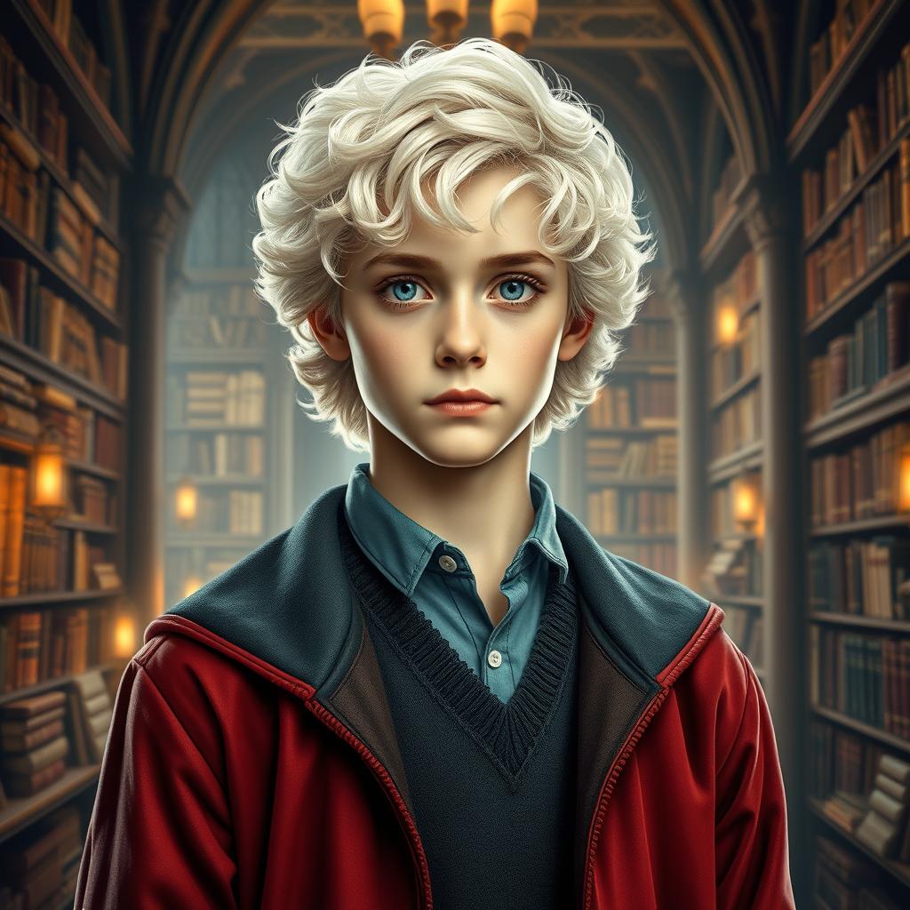 A vibrant portrait of a young man, the son of Hermione Granger and Draco Malfoy