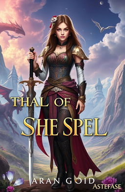 A young woman in an intricate fantasy outfit, complete with ornate details and vibrant colors, standing confidently in a magical, otherworldly landscape