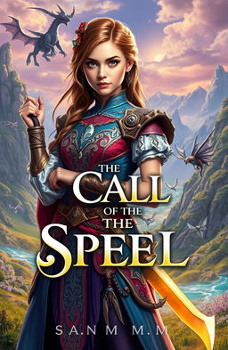 A young woman in an intricate fantasy outfit, complete with ornate details and vibrant colors, standing confidently in a magical, otherworldly landscape