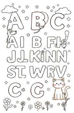 A charming and whimsical ABC coloring book illustration featuring each letter of the alphabet represented by playful animals and objects