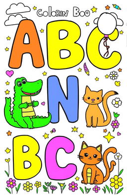 A charming and whimsical ABC coloring book illustration featuring each letter of the alphabet represented by playful animals and objects