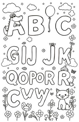 A charming and whimsical ABC coloring book illustration featuring each letter of the alphabet represented by playful animals and objects