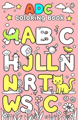 A charming and whimsical ABC coloring book illustration featuring each letter of the alphabet represented by playful animals and objects