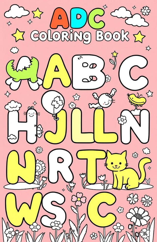 A charming and whimsical ABC coloring book illustration featuring each letter of the alphabet represented by playful animals and objects