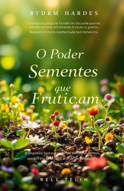 A visually stunning e-book cover design for "O Poder das Sementes que Frutificam" featuring a vibrant and flourishing garden scene filled with various seeds sprouting into colorful plants