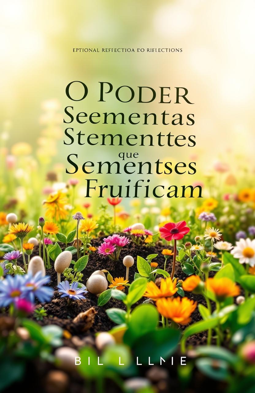 A visually stunning e-book cover design for "O Poder das Sementes que Frutificam" featuring a vibrant and flourishing garden scene filled with various seeds sprouting into colorful plants