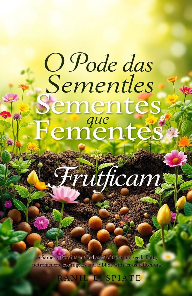 A visually stunning e-book cover design for "O Poder das Sementes que Frutificam" featuring a vibrant and flourishing garden scene filled with various seeds sprouting into colorful plants