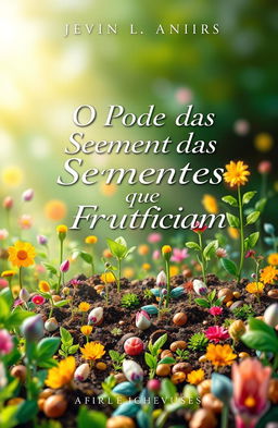 A visually stunning e-book cover design for "O Poder das Sementes que Frutificam" featuring a vibrant and flourishing garden scene filled with various seeds sprouting into colorful plants