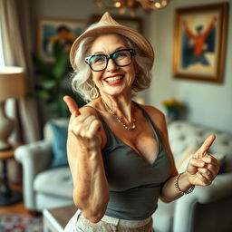 An attractive older woman with a playful smile, showcasing confident body language, dressed in a stylish yet revealing outfit that highlights her curves, with playful accessories like oversized glasses and a trendy hat