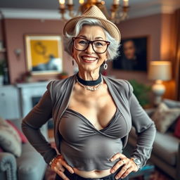 An attractive older woman with a playful smile, showcasing confident body language, dressed in a stylish yet revealing outfit that highlights her curves, with playful accessories like oversized glasses and a trendy hat