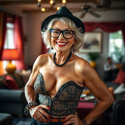 An attractive older woman with a playful smile, showcasing confident body language, dressed in a stylish yet revealing outfit that highlights her curves, with playful accessories like oversized glasses and a trendy hat