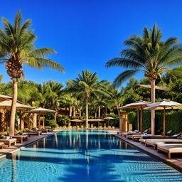 A large, luxurious swimming pool under a brilliantly clear blue sky, surrounded by serene palm trees and comfortable lounging chairs.