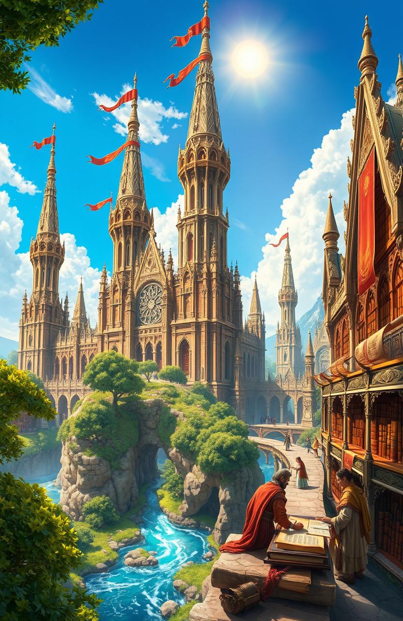 A majestic, mystical kingdom known as the 'Kingdom of Scribes', featuring grand, ancient architecture with towering spires adorned with intricate carvings and flowing banners