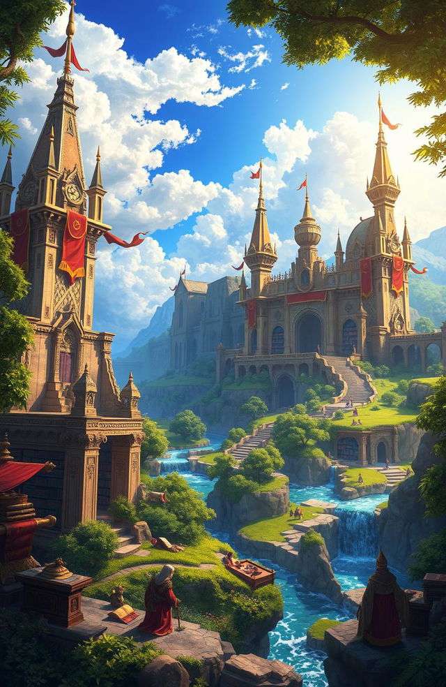 A majestic, mystical kingdom known as the 'Kingdom of Scribes', featuring grand, ancient architecture with towering spires adorned with intricate carvings and flowing banners