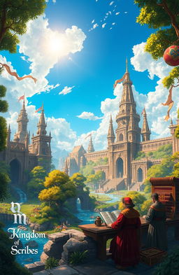 A majestic, mystical kingdom known as the 'Kingdom of Scribes', featuring grand, ancient architecture with towering spires adorned with intricate carvings and flowing banners