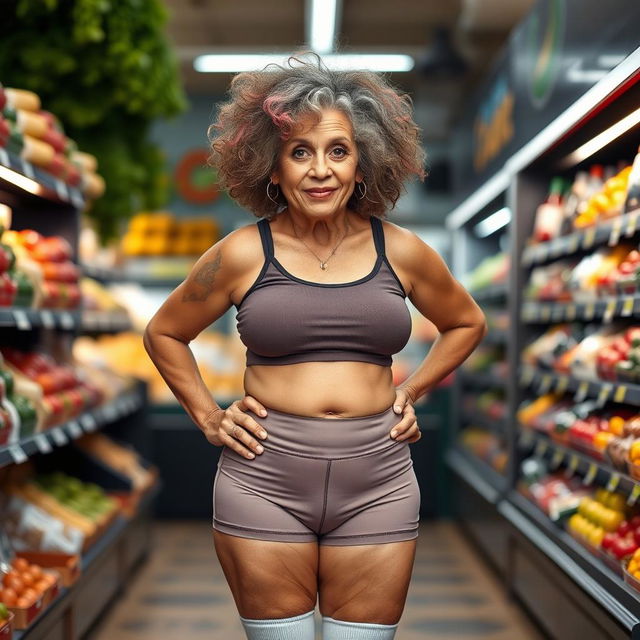 A confident and fit 70-year-old Latina grandma standing in a grocery store, showcasing her unique style