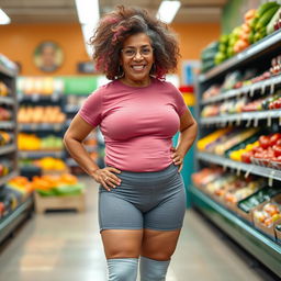 A confident and fit 70-year-old Latina grandma standing in a grocery store, showcasing her unique style