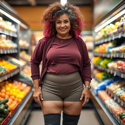 A confident and fit 70-year-old Latina grandma standing in a grocery store, showcasing her unique style