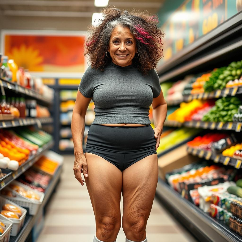 A confident and fit 70-year-old Latina grandma standing in a grocery store, showcasing her unique style