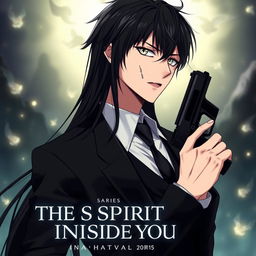 An anime-style illustration for a series titled 'The Spirit Inside You', featuring a male character with striking black long hair cascading down his shoulders