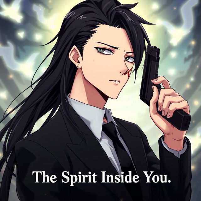 An anime-style illustration for a series titled 'The Spirit Inside You', featuring a male character with striking black long hair cascading down his shoulders