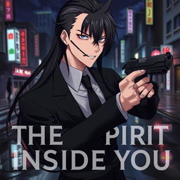 A realistic anime-style illustration for a series titled 'The Spirit Inside You', featuring a male character with striking black long hair, styled sleekly and flowing down his back