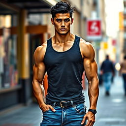 A beautiful muscular young man with black hair styled like Nephilim, matching his deep black eyes