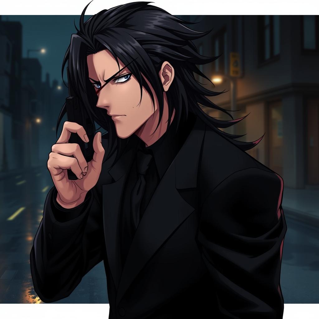 A realistic anime-style illustration for a series titled 'The Spirit Inside You', featuring a 34-year-old male character with striking black long hair, slicked back and flowing with subtle movement