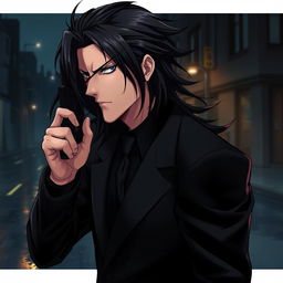 A realistic anime-style illustration for a series titled 'The Spirit Inside You', featuring a 34-year-old male character with striking black long hair, slicked back and flowing with subtle movement