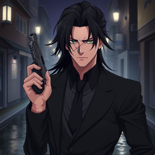 A realistic anime-style illustration for a series titled 'The Spirit Inside You', featuring a 34-year-old male character with striking black long hair, slicked back and flowing with subtle movement