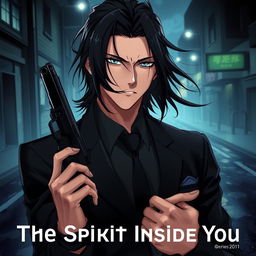 A realistic anime-style illustration for a series titled 'The Spirit Inside You', featuring a 34-year-old male character with striking black long hair, slicked back and flowing with subtle movement